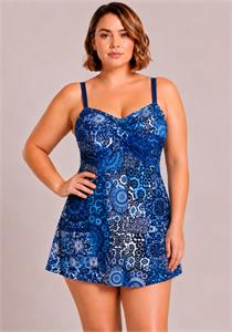 Moroccan Print Twisted Front Swimdress with Wirefree Soft Bra D-E
